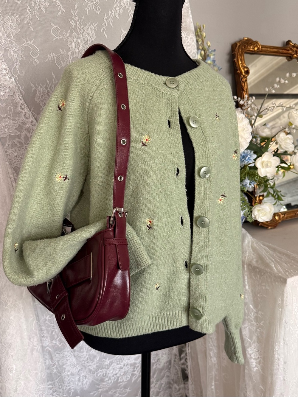Sage green floral embroidered cardigan